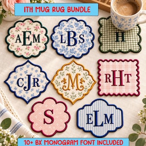 May include: A collection of eight fabric mug rugs featuring various shapes, patterns, and embroidered monograms. The designs include floral, gingham, plaid, and striped prints in colors like pink, blue, green, and yellow, with text ITH MUG RUG BUNDLE.