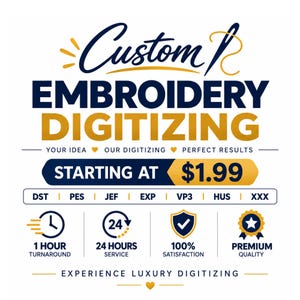 Puede incluir: Un anuncio gráfico para servicios de digitalización de bordados personalizados con el texto Custom Embroidery Digitizing, Starting at $1.99, y una lista de formatos de archivo que incluyen DST, PES, JEF, EXP, VP3, HUS y XXX, junto a varios iconos.