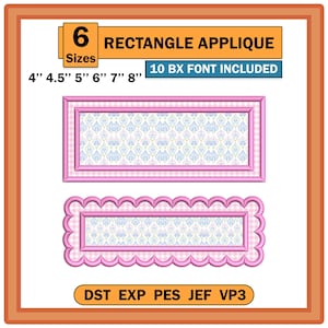Op de afbeelding: Een digitaal ontwerp voor een rechthoekige applicatie met twee rechthoekige kaders met een roze gingham-rand en een blauw-wit damastpatroon in het midden. Tekst bevat 6 SIZES, RECTANGLE APPLIQUE, 10 BX FONT INCLUDED, 4" 4.5" 5" 6" 7" 8" en DST EXP PES JEF VP3.