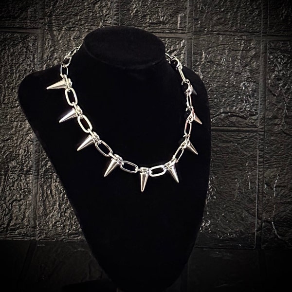 Silver Spike Cone Choker Necklace / Spiked Necklace / Chunky Chain Necklace / Punk Gothic Spike Necklace