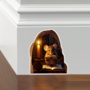 3D Mouse Decal, Vinyl Sticker, Mouse Reading, Whimsical Arched Doorway