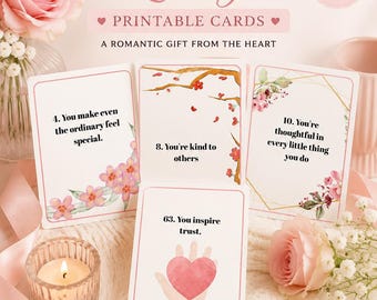 May include: A romantic gift set of printable cards with the text "200 Reasons Why I Love You." The cards feature floral accents and phrases like "You make even the ordinary feel special." The image includes roses and a lit candle.