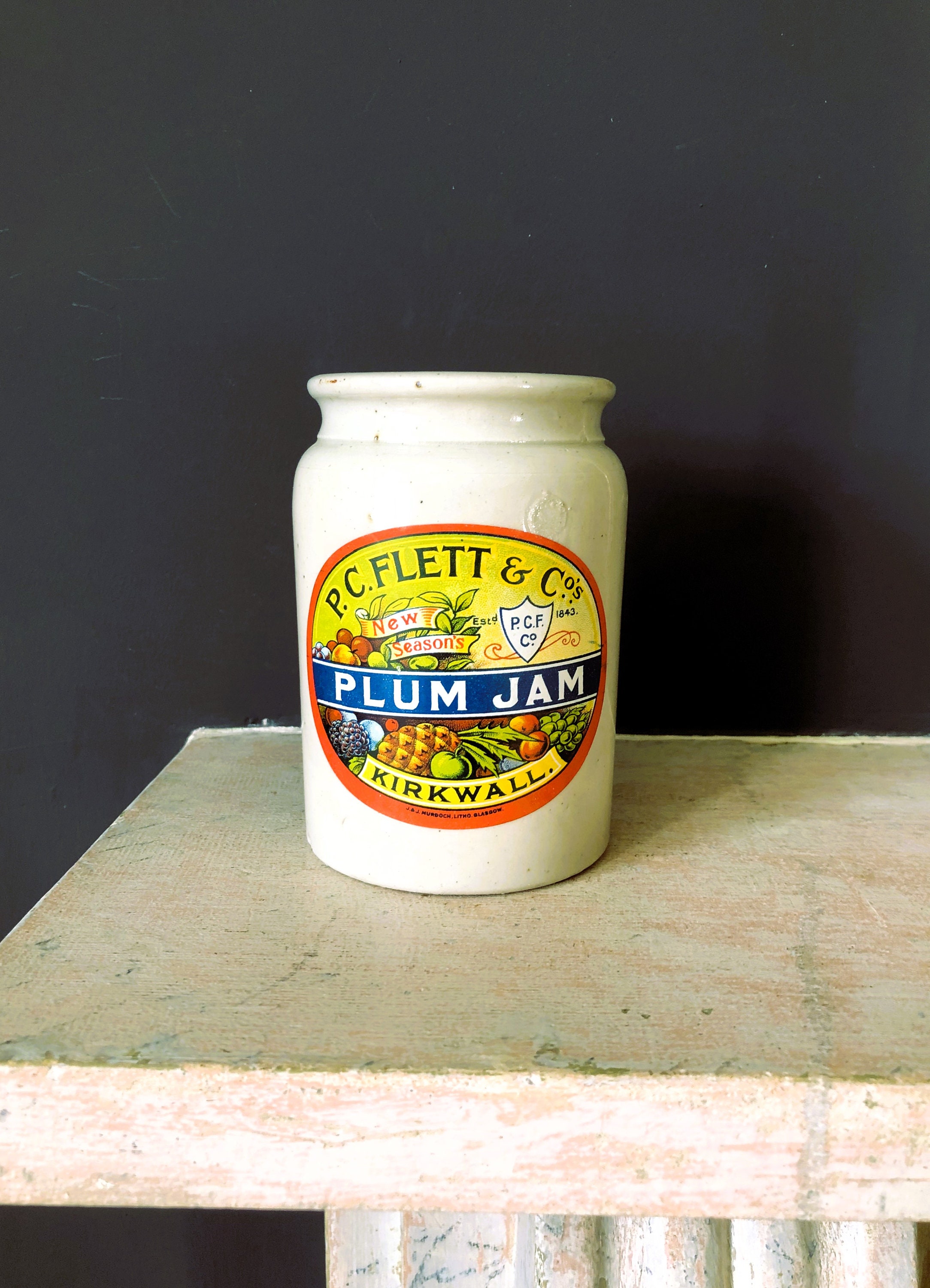 ビンテージジャム瓶　Glasgow made in Uk p.c flett Antique Stoneware Jar / P. C. Flett & Co.'s Plum Jam / Kirkwall