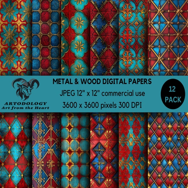 Art Deco Digital Paper, Geometric Symmetrical Pattern, Printable Papers, Seamless Repeating Background, Wood Metal Texture, Commercial Use