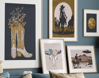 Wild Western Gallery Art Bundle, Set of 18 Prints, Cowgirl Wall Art,Cowboy Wall prints,Wild west bundle of Digital Download,Gallery wall set
