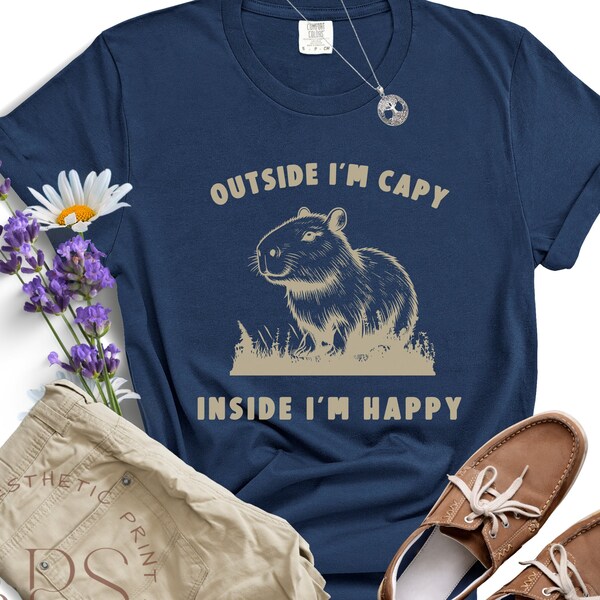 Outside I'm Capy inside I'm Happy funny capybara t-shirt, funny rodent graphic shirt,y2k tee shirt gift for capybara or rodent pet owner
