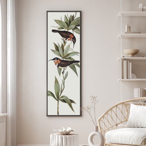 Birds sage green nature wallprint,botanical print,vertical wall art,narrow nature wall art,long green minimalist 36"x12"digital wall print