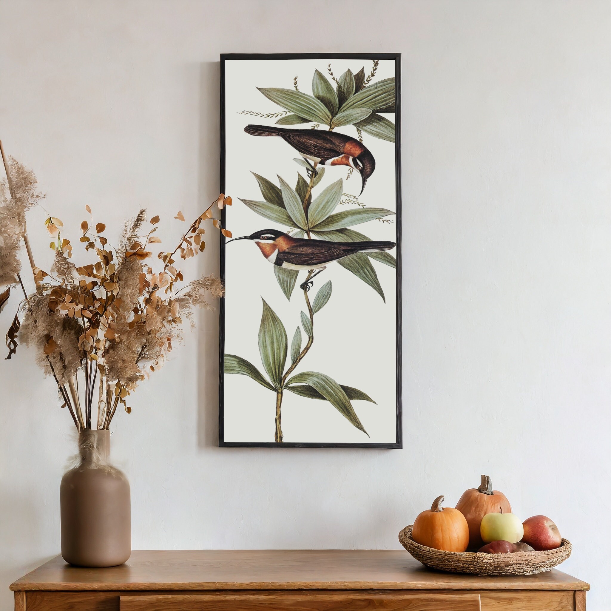 Birds Sage Green Nature Wallprint,botanical Print,vertical Wall Art