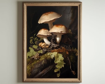 Mushroom Print, Dark Cottagecore Art, Goblincore Decor, Fairycore Oil Painting, Moody Antique Poster, Victorian Botanical Aesthetic