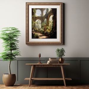 May include: A framed print depicting a sunlit conservatory filled with lush greenery and architectural details. The artwork is displayed above a wooden console table with decorative items and a potted plant, creating a serene interior scene.