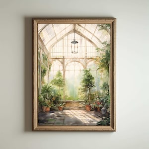 Gewächshaus Kunstdruck | Barocke botanische Renaissance-Wand-Dekor, Cottagecore Ästhetik, helle Academia, viktorianisches Wintergarten-Ölgemälde