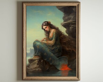 Mermaid Painting | Mermaid Art, Baroque Renaissance Wall Art Decor, Cottagecore Aesthetic Print, Light Academia, Victorian Oil Painting