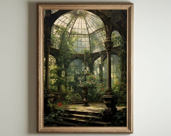 Greenhouse Art| Baroque Botanical Renaissance Wall Decor, Cottagecore Aesthetic, Light Academia Print, Victorian Conservatory Oil Painting