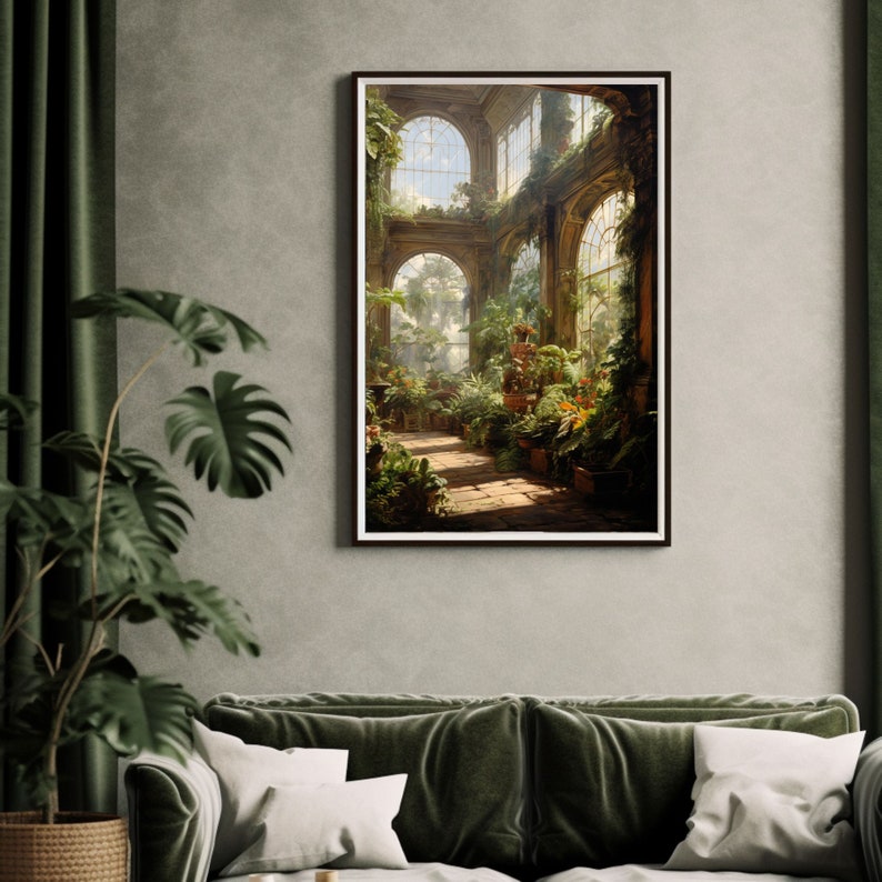 May include: Framed art print depicting a sunlit greenhouse interior filled with lush greenery and potted plants. The artwork features arched windows, a stone pathway, and a warm, inviting atmosphere, perfect for botanical and nature enthusiasts.
