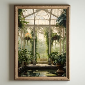 Gewächshaus Kunst | Barocke botanische Renaissance-Wanddekoration, Cottagecore-Ästhetik, leichte Academia-Druck, viktorianisches Wintergarten-Ölgemälde