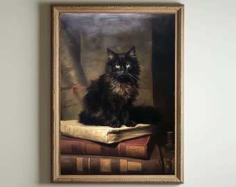 Black Cat, Cottagecore Print, Moody Botanical Wall Art, Goblincore Fairycore Decor, Dark Academia Oil Painting, Victorian Vintage Aesthetic