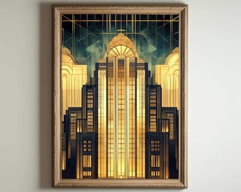 May include: A framed illustration of a stylized art deco building with gold and black accents. The building is illuminated with warm yellow light.