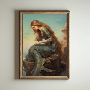Mermaid Painting | Mermaid Art, Baroque Renaissance Wall Art Decor, Cottagecore Aesthetic Print, Light Academia, Victorian Oil Painting