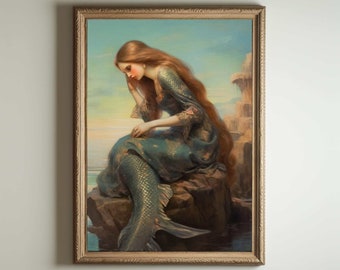 Mermaid Painting | Mermaid Art, Baroque Renaissance Wall Art Decor, Cottagecore Aesthetic Print, Light Academia, Victorian Oil Painting