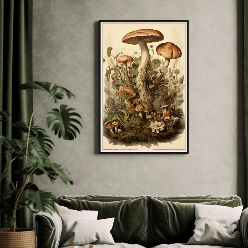 Mushroom Print, Dark Cottagecore Art, Goblincore Decor, Fairycore Oil Painting, Moody Antique Poster, Victorian Botanical Aesthetic image 6