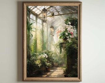 Greenhouse Art Print | Baroque Botanical Renaissance Wall Decor, Cottagecore Aesthetic, Light Academia, Victorian Conservatory Oil Painting