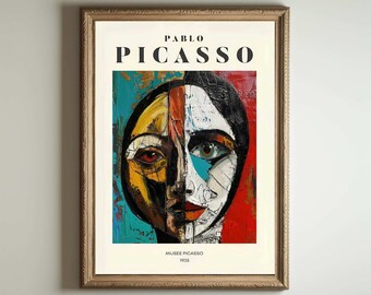 May include: A poster with a painting of a face in a cubist style. The face is made up of different colored shapes and lines. The poster is titled "PABLO PICASSO" and has the text "MUSEE PICASSO 1925" at the bottom.