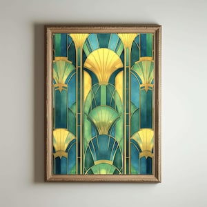 May include: A framed art print with a geometric design in shades of green, blue, and gold. The design features repeating patterns of arches and fan shapes.