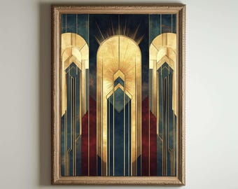 May include: Abstract art print with a geometric design in gold, blue, and red colors. The design features a series of vertical lines and arches, creating a sense of depth and dimension.