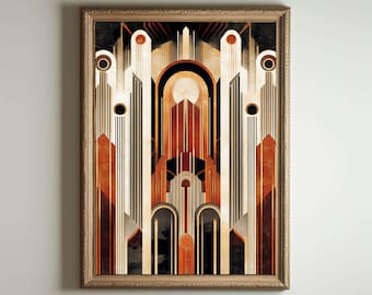 May include: Abstract geometric art print in a brown wood frame. The print features a symmetrical design with vertical lines, arches, and circles in shades of brown, orange, white, and black.