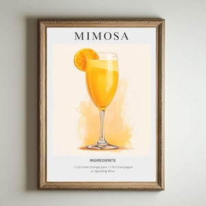 Stampa artistica Mimosa / Decorazione carrello bar / Poster cocktail / Cartello drink esclusivo / Happy Hour retrò sofisticato elegante minimalista alla moda
