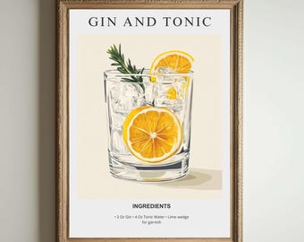 Gin and Tonic Art Print | Bar Cart Decor | Cocktail Poster | Signature Drink Sign | Trendy Minimalist Elegant Sophisticated Retro Happy Hour