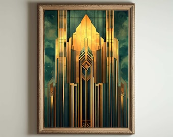 May include: A digital art print of a geometric skyscraper with gold and green accents. The building is framed in a wooden frame.