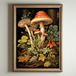 Mushroom Poster | Dark Cottagecore Art, Goblincore Decor, Fairycore Oil Painting, Moody Antique Print, Victorian Botanical Aesthetic