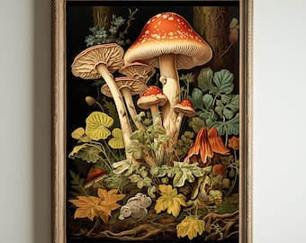 Mushroom Poster | Dark Cottagecore Art, Goblincore Decor, Fairycore Oil Painting, Moody Antique Print, Victorian Botanical Aesthetic