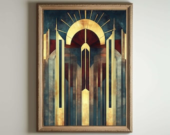 May include: A framed art print with a geometric design in shades of gold, blue, red, and brown. The design features a stylized cityscape with tall buildings and a sunburst at the top.