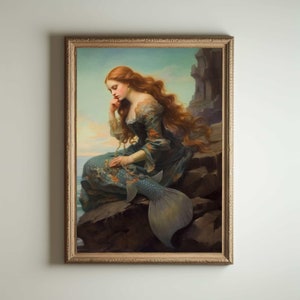 Mermaid Painting | Mermaid Art, Baroque Renaissance Wall Art Decor, Cottagecore Aesthetic Print, Light Academia, Victorian Oil Painting