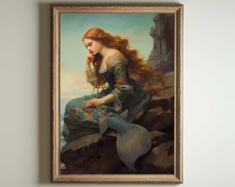 Mermaid Painting | Mermaid Art, Baroque Renaissance Wall Art Decor, Cottagecore Aesthetic Print, Light Academia, Victorian Oil Painting