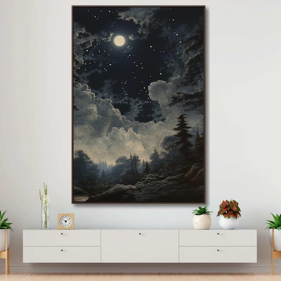 ナイトカンバ | ヴィンテージ天体ウォールアート、ムーディーな油絵