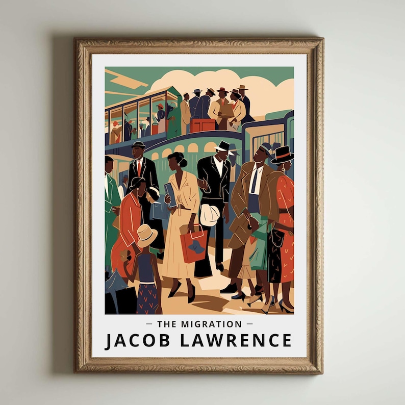 May include: Framed art print of a stylized illustration depicting people at a train station. The artwork features figures in various outfits, with a train in the background. The text "THE MIGRATION - JACOB LAWRENCE" is at the bottom.