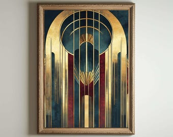 May include: Abstract art print featuring geometric shapes in gold, red, and blue colours. The print has a repeating pattern of vertical lines and arches.