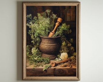 Mortar and Pestle | Baroque Botanical Renaissance Wall Decor, Cottagecore Aesthetic, Light Academia Print, Victorian Oil Painting