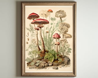 Mushroom Print, Dark Cottagecore Art, Goblincore Decor, Fairycore Oil Painting, Moody Antique Poster, Victorian Botanical Aesthetic