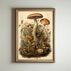 Mushroom Print, Dark Cottagecore Art, Goblincore Decor, Fairycore Oil Painting, Moody Antique Poster, Victorian Botanical Aesthetic image 1