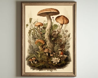 Mushroom Print, Dark Cottagecore Art, Goblincore Decor, Fairycore Oil Painting, Moody Antique Poster, Victorian Botanical Aesthetic