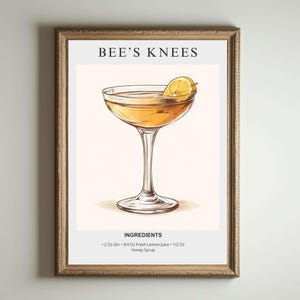 Bee's Nees アートプリント | バーカートの装飾 | カクテルポスター | 特製ドリンクサイン | トレンディでミニマリスト、エレガントで洗練されたレトロなハッピーアワー