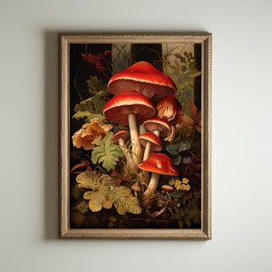 Mushroom Print, Dark Cottagecore Art, Goblincore Decor, Fairycore Oil Painting, Moody Antique Poster, Victorian Botanical Aesthetic