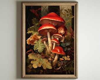 Mushroom Print, Dark Cottagecore Art, Goblincore Decor, Fairycore Oil Painting, Moody Antique Poster, Victorian Botanical Aesthetic