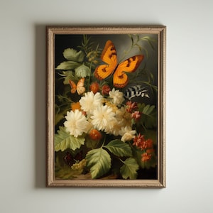 Moth, Cottagecore Print, Moody Botanical Wall Art, Goblincore Fairycore Decor, Dark Academia Oil Painting, Victorian Vintage Aesthetic
