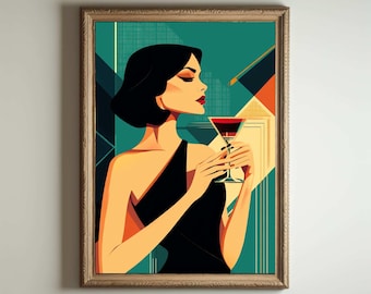 May include: Art Deco style print featuring a woman in a black dress holding a cocktail. The artwork has a teal and gold geometric background. The woman has dark hair and red lipstick, and the framed print is in a wooden frame.