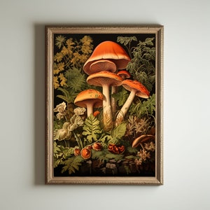 Mushroom Print, Dark Cottagecore Art, Goblincore Decor, Fairycore Oil Painting, Moody Antique Poster, Victorian Botanical Aesthetic